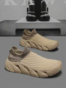 Slip-On Breathable Mesh Men's Shoes, New Summer Thick Sole Anti-Slip Durable Lightweight Mesh Sneakers - Khaki - View 1