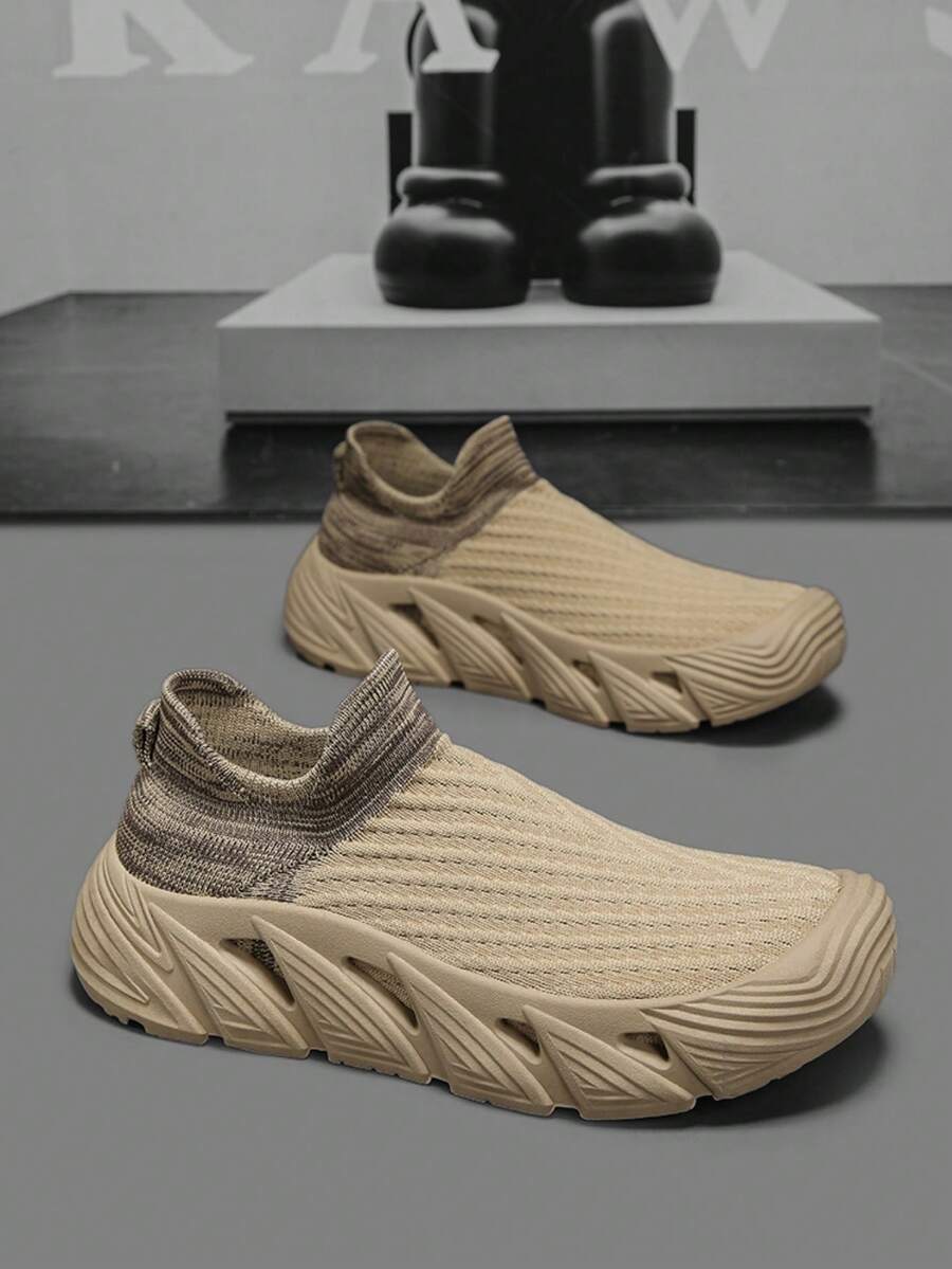 Slip-On Breathable Mesh Men's Shoes, New Summer Thick Sole Anti-Slip Durable Lightweight Mesh Sneakers - Khaki - View 1