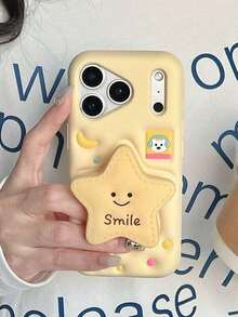 Cute 3D Angel Pentagram Smile Star Silicone Phone Case Compatible With IPhone 17 Pro Max, 17 Pro, 17 Phone Case Suitable For IPhone 16 Pro Max,16,15 Pro Max,14 Pro Max,13,12/11, Kawaii Cream Yellow Moon & Bear Cartoon Protective Cover - 黃色 - 查看 6