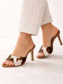 ANGELA GALVAO Luxury Leather Clog Shoe With 9cm Heel, Leaf Toe, Animal Print - Bò Caramel - Xem 4