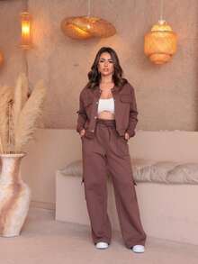 2-Piece Women's Autumn/Winter Sweatshirt Set: Wide Leg Cargo Pants With Pockets, High Waist, And Bomber Jacket - Sizes M & L - Rỉ Nâu - Xem 3
