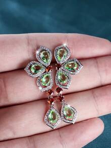 Vanel 1Pair Elegant Silvery Floral Green & Red Cubic Zirconia Drop Earrings For Women, Paved CZ Dangle Earrings, Fashion Statement Jewelry For Daily Wear & Party - Silver-multicolor - View 1