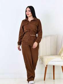 Women's Corduroy Velvet Set With Jacket And Pants - Comfort And Style - Camel - View 4