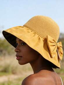  1pc Women's Straw Woven Wide Brim Bucket Hat, Bucket Hat,Flat Cap,Beret,Summer UV Protection Sun Hat, Foldable Beach Cap For Vacation Sun Hat - Multicolor - View 16