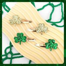 4 pinzas para el pelo con diseño de trébol para niñas, accesorios para el pelo del Día de San Patricio para mujeres, horquillas verdes con trébol dorado para mujeres. - 1 - Ver 4