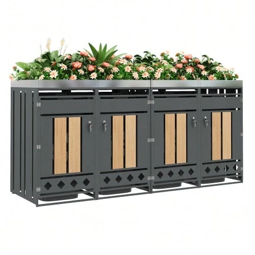 Container Storage Unit, With Lock, Two Doors, Plant Area, Door Panel With Vertical Wood Grain, Hollow Diamond-Shaped Base. - 灰色1 - 查看 1