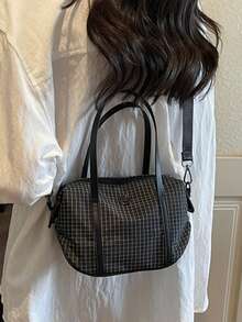 格纹帆布轻便多功能（手提/斜挎）拉链封口休闲波士顿包，适合日常使用和旅行 - 彩色 - 查看 14