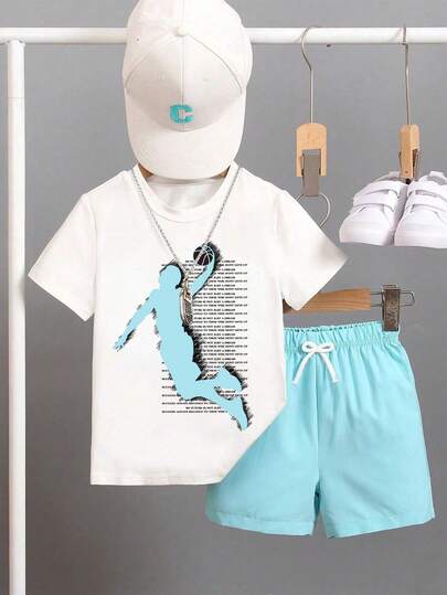 Boys' Cartoon Print Short Sleeve T-Shirt And Shorts Set, Suitable For Vacation, Travel, Relaxation, Sunbathing, Summer