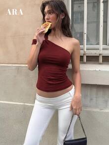 ARA CHIC 女士红色不对称吊带背心，性感时尚修身款背心，2026春夏新款海滩度假风 - 查看 6