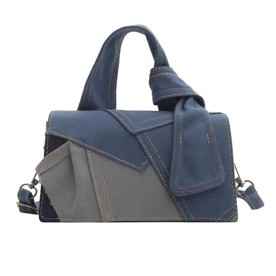 Sac à main patchwork au design original, petit cabas carré pour femme, sac bandoulière en denim rétro, accessoire femme de qualité, sac tendance et pratique au quotidien, 19,5 x 11 x 6,5 cm - Bleu azur - Voir 1