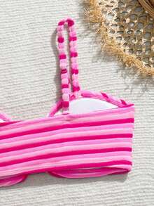 少女比基尼套装，可爱粉色针织面料，条纹撞色设计，可调节肩带和圆环装饰，时尚优雅的泳装套装，适合游泳和度假。 - 玫紅色 - 查看 5