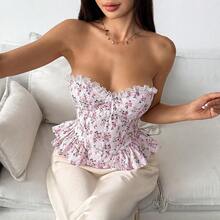 Structured Strapless Bustier Featuring Floral Patchwork, Fishbone Detailing & Gathered Waistband, Soft Two-Tone Lingerie With Ruffle Accents For Effortless Styling From Everyday Looks To Urban Fashion - 粉色 - 查看 3
