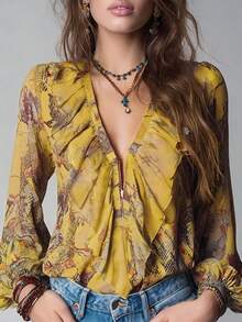 Áo kiểu nữ mùa hè thanh lịch, chất liệu chiffon, in họa tiết toàn thân, cổ chữ V sâu, khóa kéo, tay bồng, phong cách nghỉ dưỡng Pháp cổ điển. - Màu vàng - Xem 6