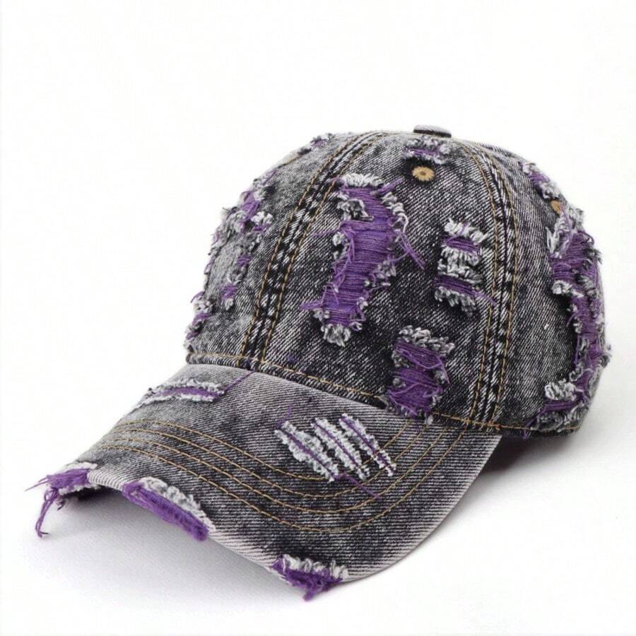 Washed Denim Frayed Baseball Cap, A Stylish And Cool Everyday Hat, A Gift For Friends, A Comfortable And Versatile Beanie - Purple - View 1