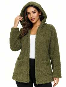 Women's Teddy Animal Print Hooded Jacket – Leopard Style With Fur Pockets - Everyday Wear - 軍綠色 - 查看 1