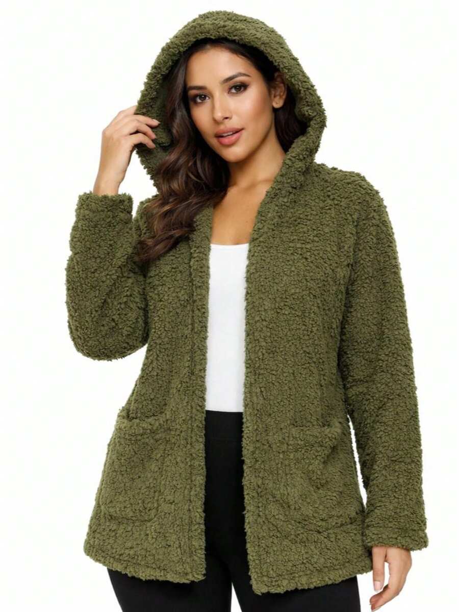Women's Teddy Animal Print Hooded Jacket – Leopard Style With Fur Pockets - Everyday Wear - 軍綠色 - 查看 1
