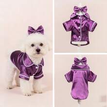 1 Conjunto de ropa de dormir y ropa de estar en casa de satén, vestido de mascota con cuello Peter Pan, vestido de mascota de lana gruesa con cuello Peter Pan con encaje para perros y gatos - Multicolor - Ver 7