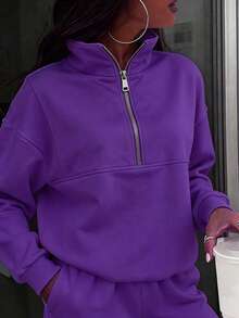 Women's Oversized Half Zip Two-Piece Tracksuit, High Neck Stand Collar Loose Fit Fleece Sweatshirt & Wide Leg Pants Set, Cozy Comfortable Casual Loungewear, Stylish Sports Streetwear Fashion Outfit, Spring Black Essential Versatile Daily Wear, Perfect For Casual Errands, Lounging & Everyday Outdoor Activities      Gym Clothes Women Set - 紫色(升級款) - 查看 7