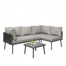 Ensemble de jardin en fer forgé, ensemble de mobilier de jardin en corde verte, ensemble de mobilier de jardin en forme de L, ensemble de salon de jardin en corde verte avec coussins d'assise, pieds réglables, 2 canapés et 1 table - Gris - Voir 9