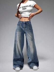 Teen Girl Casual Washed Low Waist Wide Leg Jeans - Blue - View 4