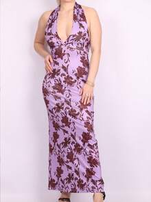 ZIAI Đầm dự tiệc/đi biển kiểu bohemian thanh lịch, in hoa, dây chéo, dành cho nữ. - Màu tím - Xem 2