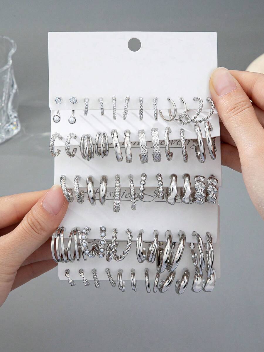 12/24/60pcs Vintage Punk Style Women Fashion Hoop Earrings Set, Bohemian Versatile Design, Suitable For Daily Wear, Dating, Party, Gift For Friends - Silver - View 1
