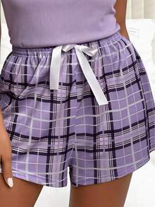 春夏新款薰衣草格子短裤，白色蝴蝶结饰边，光滑舒适，休闲居家短裤，甜美宽松女式短裤 - 彩色 - 查看 9