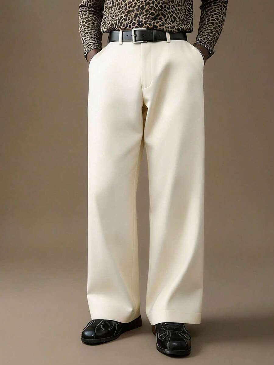 Pantalones sueltos de traje de unicolor de corte slim con bolsillo en diagonal para hombre, pantalones formales versátiles para negocios, moda japonesa y coreana - Albaricoque - Ver 1