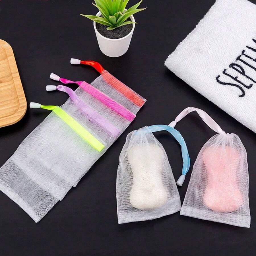 1 pieza Bolsa de red de doble capa con cinta, se puede imprimir el logotipo, jabón hecho a mano, limpiador facial, esponja de ducha, herramientas de belleza, herramientas de limpieza corporal - Multicolor - Ver 1