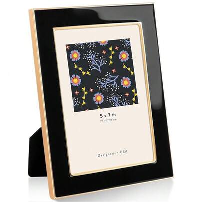 5x7 Enamel Picture Frame With Gold Metal Edge, HD Tempered Glass Photo Frame With Velvet Back & Easel Stand For Wall Or Tabletop Display Family Office Photo Gallery, Black