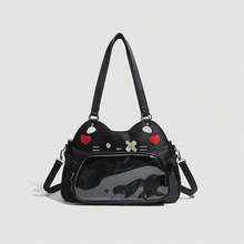 Anime-Inspired Ita Crossbody Bag With Clear Display Pocket, Cute Cat-Themed Lightweight Shoulder Bag For Girls - Black - View 6