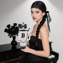 Stanley Cup Accessories Set For 40oz & 30oz Tumbler With Handle,Including Straw Topper,Boot,Water Bottle Handle Strap,Straw Bow Decorate,Bracelets,Letter Charm,Initials Sticker,Cup Ring(Black I) - Đen-Tôi - Xem 7