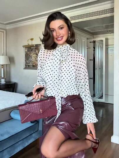 HH Women's Retro Polka Dot Print Casual Top, Fashion Bow Elegant Loose Long Sleeve Blouse For Work White Spring