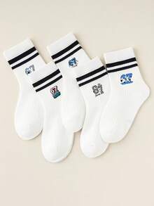5 Pairs Boys Mid-Calf Sports Socks, Double Stripe With Cartoon Number "67" Design, Versatile Style, Suitable For School And Sports Activities - Multicolor - View 4
