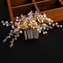 1pc Handmade Gold Alloy Pearled Flower Bridal Hair Comb, Wedding Headpiece, Party Dress Accessory - Vàng - Xem 4