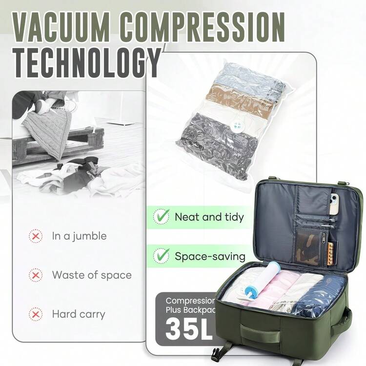 Ba lô du lịch nén chân không dung tích lớn | Được thiết kế cho leo núi và công tác, bao gồm bơm tay hiệu quả và túi hút chân không trong suốt, đáp ứng kích thước tiêu chuẩn hàng không 15.75*11.81*7.87 inch, có thể gấp gọn, nhẹ, lớp lót nylon. - Xem 6