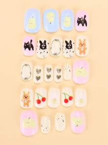 24pcs Dekorasi Persegi Mini, Gaya Hutan Segar, Warna Pastel Lembut dengan Elemen Kartun & Buah, Lucu & Menyejukkan, Cocok untuk Pemakaian Sehari-hari Anak-anak, Penuh Vitalitas untuk Kuku Anak - MultiWarna - View 4