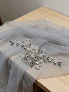 1件优雅闪亮锌合金新娘婚礼头饰，简约珍珠水钻发梳，适合所有季节 - 銀色 - 查看 5