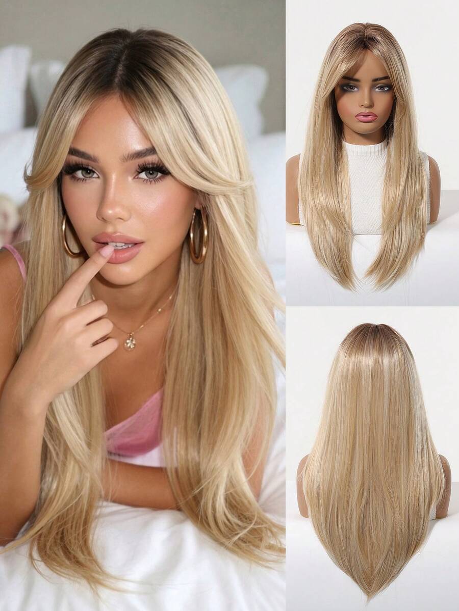 Element Synthetic Fiber Wigs For Women Long Straight Wavy Brown Blonde Wig With Bangs Heat Resistant Fashion Natural Daily Party - Blonde Ombre - View 1