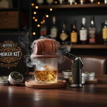 Gift Box Of Whiskey Smoker's Kit With Torch-6 Flavors Of Sawdust, 2 Glass Cups, 2 IceHockey Molds Cocktail Smoker Injection Kit,Vintage Beverage Smoker's Kit, Men's BirthdayHalloween And Christmas Gift, Dad (Butane Free)
