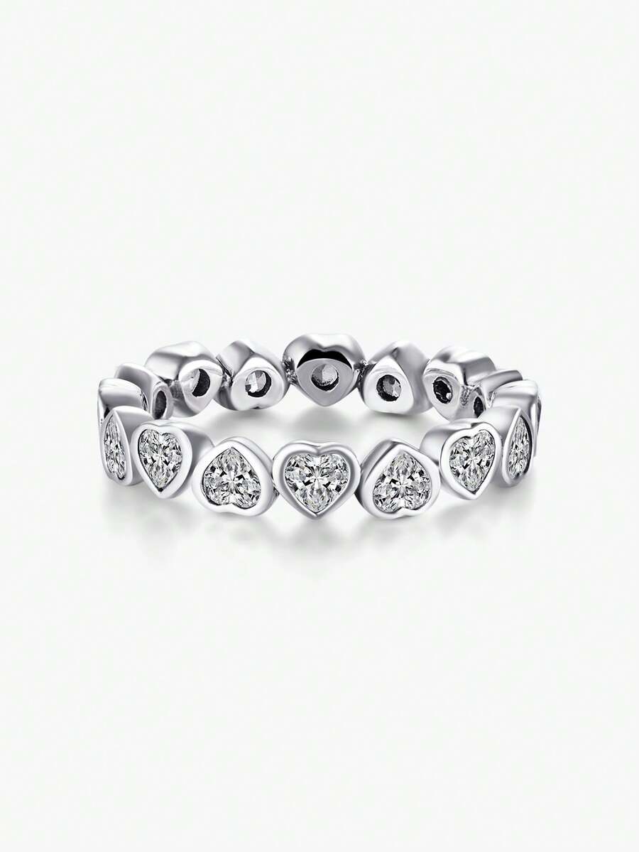 MODIAN Anillo de corazón con diamantes completos de plata esterlina S925 minimalista y vintage, anillo midi apilable, accesorio versátil como regalo para cumpleaños, fiesta, boda, propuesta - Plateado - Ver 1