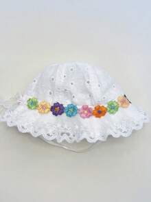 1pc Baby White Hollow Out Hat With Colorful Floral Embroidery, Suitable For Daily Wear And Photo Shooting - 1PC - View 6