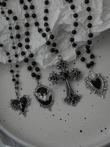 Gothic Bat Cross Dark Pendant Necklace Set, Y2K Personalized Thorn Heart Black Beaded Layered Necklace Set, Suitable For Halloween Wear - Black - View 4