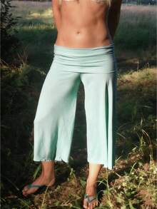Women Y2K Fold Over Loose Fit Capri Pant Leg Cropped Flowy Cotton Gaucho Pants Comfy Casual Yoga Coluttes Pajama Bottom Soft Comfortable Cropped Trouser Lounge Sleepwear Bottoms - 水鴨藍 - 查看 1