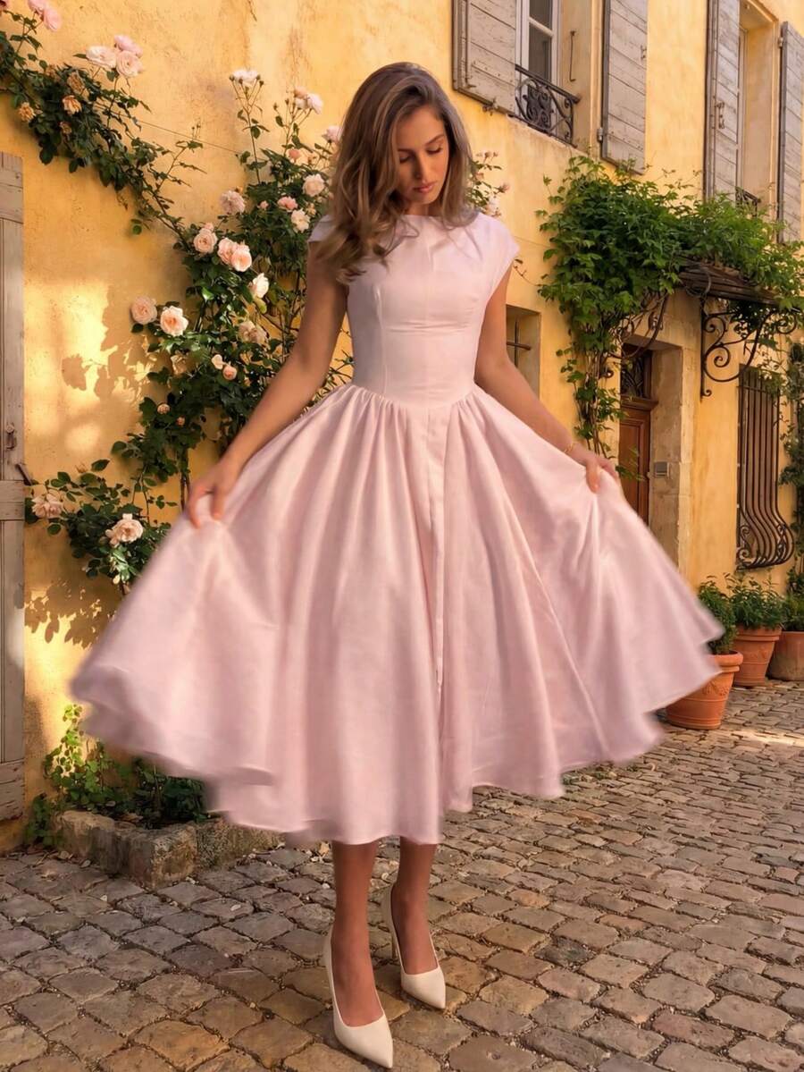 Glamful Florea杏色优雅法式束腰喇叭下摆露背中长连衣裙，适合休闲约会