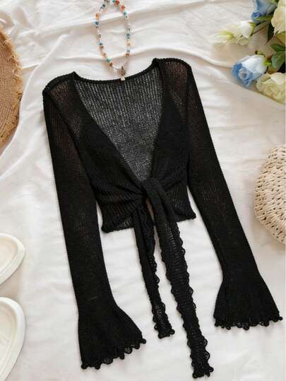 Plus Size Women Knitted Long Sleeve, Tie-Front Hollow Out Loose Blouse, Casual Daily Wear Black Summer