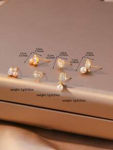 3 Pairs Delicate Pearl Stud Earrings, Zirconia Earrings, Unique Heart & Tulip Design Earrings, Versatile For Work And Daily Wear - Multicolor - View 5