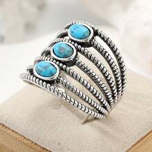 Bohemian Ring, Vintage Synthetic Turquoise, Anniversary, Fashion Birthday Friendship Gift, Party - Silver - View 5