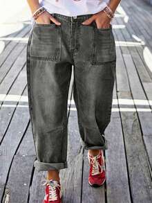 Plus Size Loose Non-Stretch Denim Jeans With Button Decor, Long Denim Pants For Plus Size Spring Casual - Grey - View 2