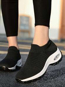 Women's All-Season Sports Anti-Slip Shock-Absorbing Running Casual Shoes, Knitted Mary Jane, Plus Size, Suitable For Business Driving - Black and White - View 5